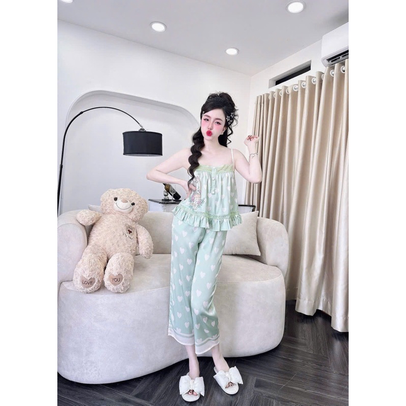 [ Lửng 9 tấc 2 dây phối ren 101225 ]Đồ nữ mặc nhà áo tay ngắn quần dài phối màu trơn sang chảnh mẫu chất lụa latin