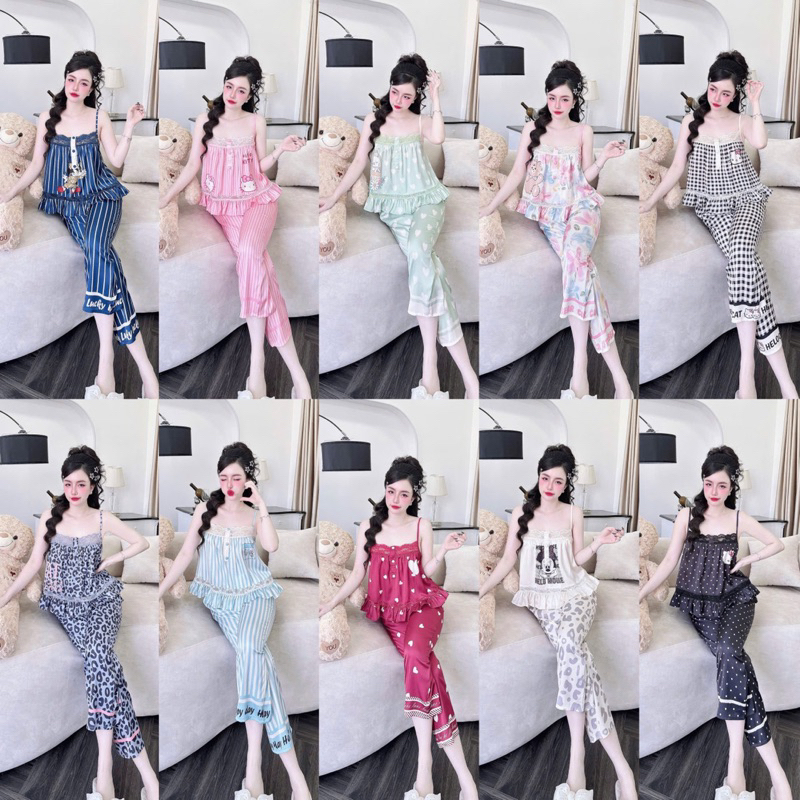 [ Lửng 9 tấc 2 dây phối ren 101225 ]Đồ nữ mặc nhà áo tay ngắn quần dài phối màu trơn sang chảnh mẫu chất lụa latin