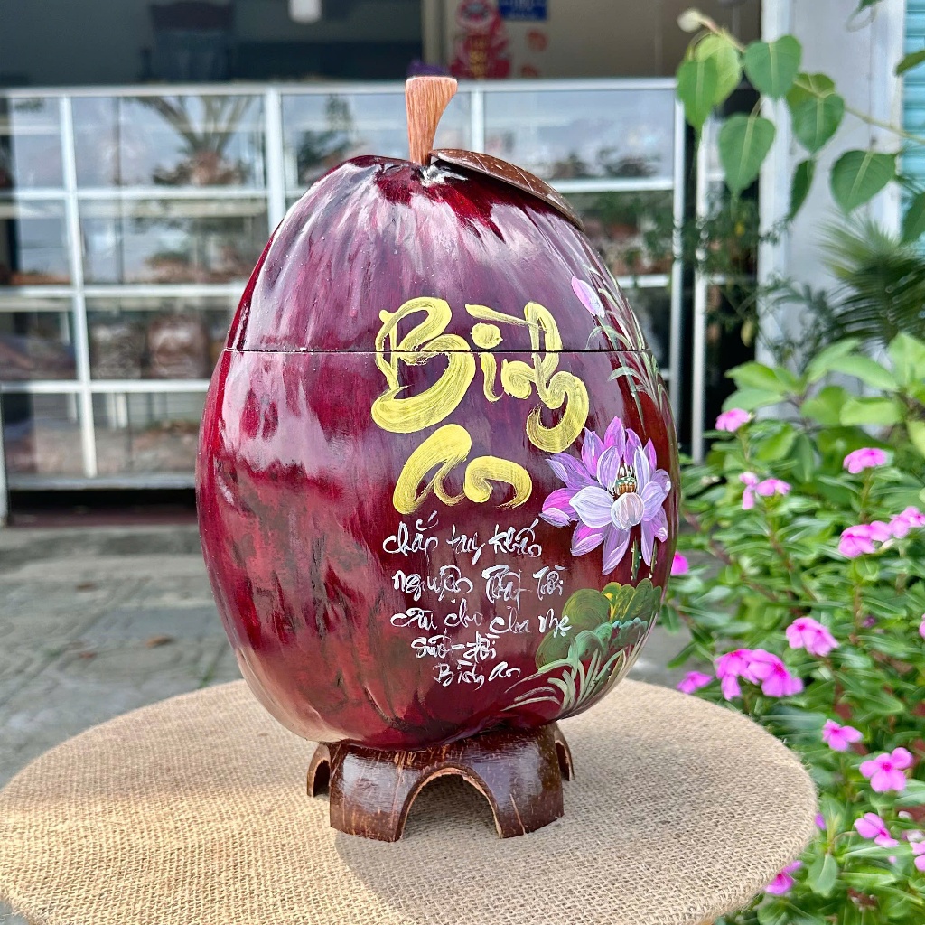 [ SIZE 800ML - 1000ML ] Bình Ủ Trái Dừa Vẽ Thư Pháp Mẫu BÌNH AN NHO VÀNG Giữ Nhiệt Ấm Trà Cao Cấp, Trang Trí Bàn Trà