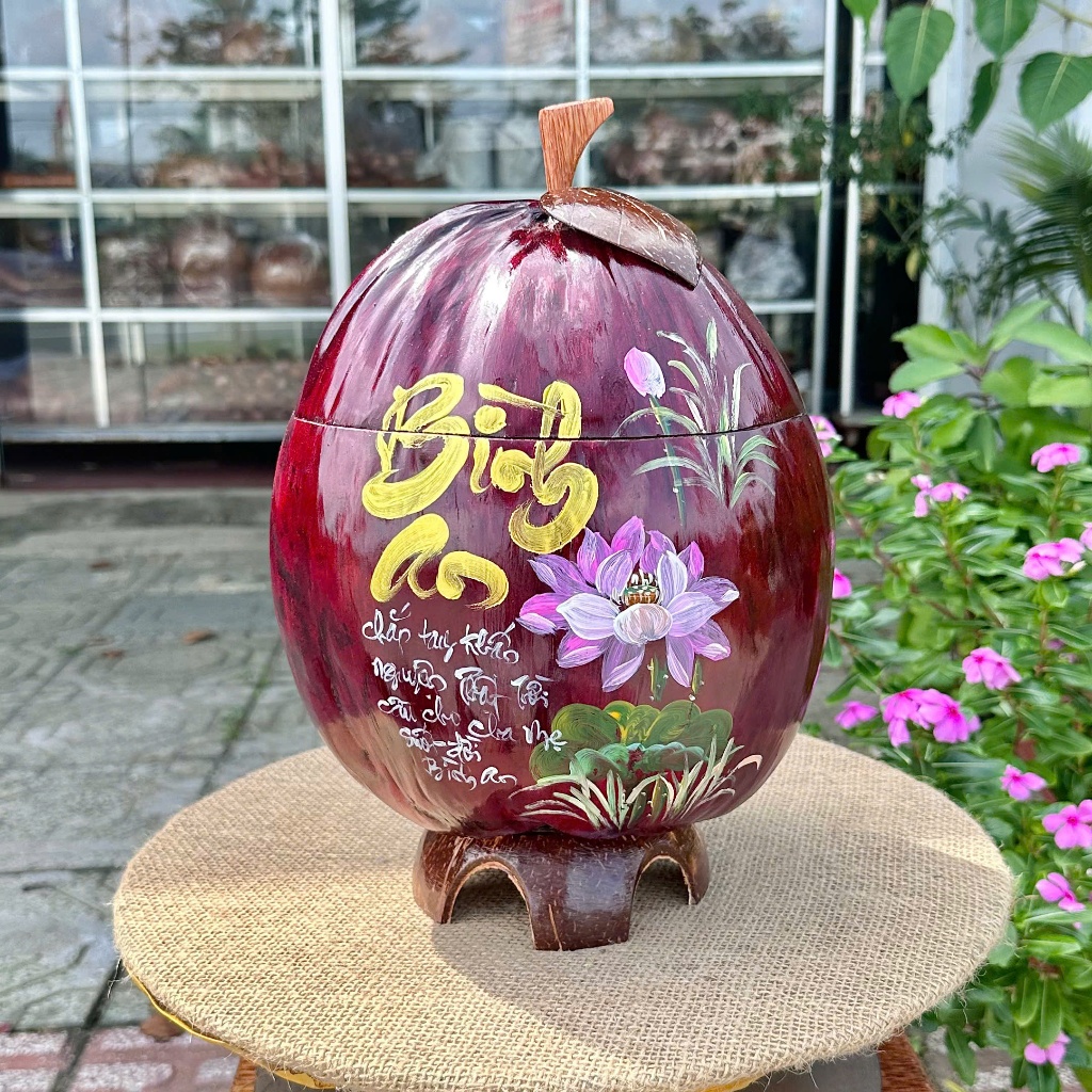 [ SIZE 800ML - 1000ML ] Bình Ủ Trái Dừa Vẽ Thư Pháp Mẫu BÌNH AN NHO VÀNG Giữ Nhiệt Ấm Trà Cao Cấp, Trang Trí Bàn Trà