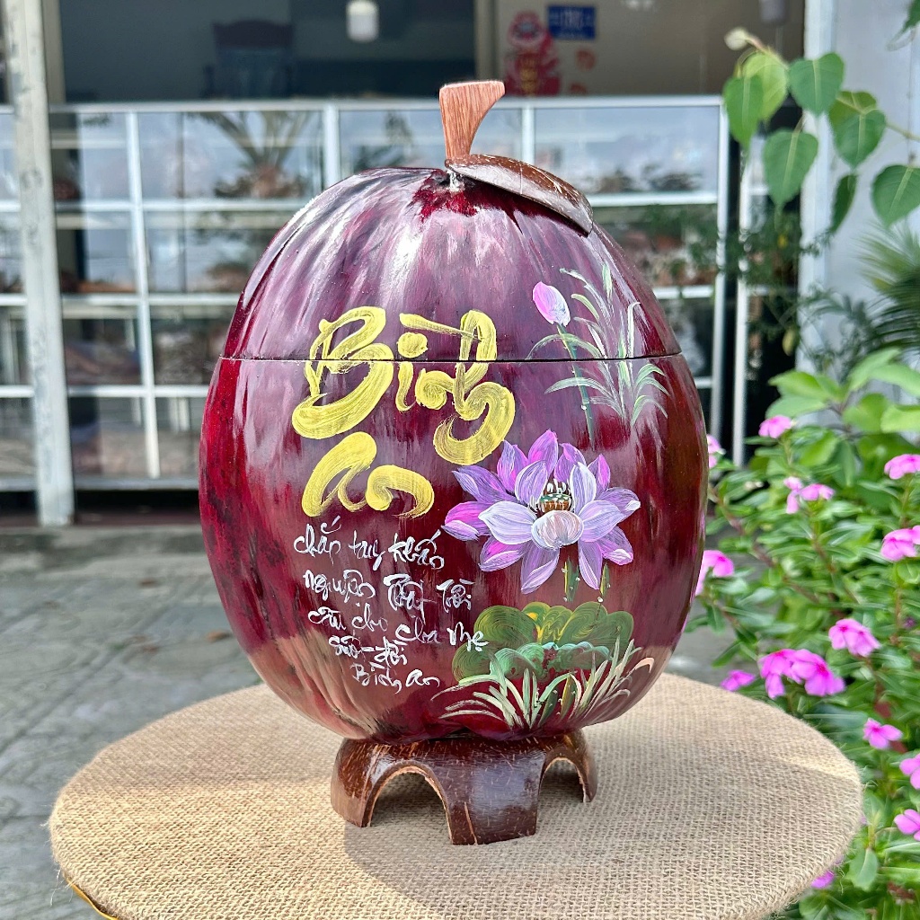 [ SIZE 800ML - 1000ML ] Bình Ủ Trái Dừa Vẽ Thư Pháp Mẫu BÌNH AN NHO VÀNG Giữ Nhiệt Ấm Trà Cao Cấp, Trang Trí Bàn Trà