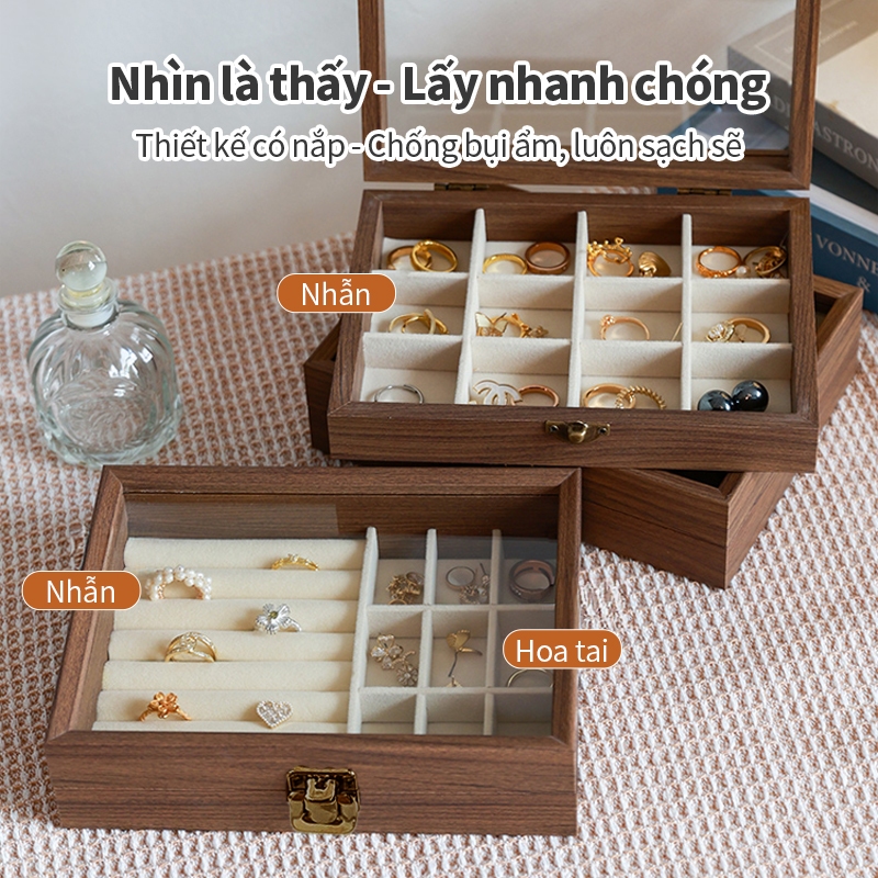 Hộp Trang Sức Gỗ Tự Nhiên ICON - Nắp Kính Trong Suốt, Phân Ô Lưu Trữ, Chống Bụi & Trưng Bày