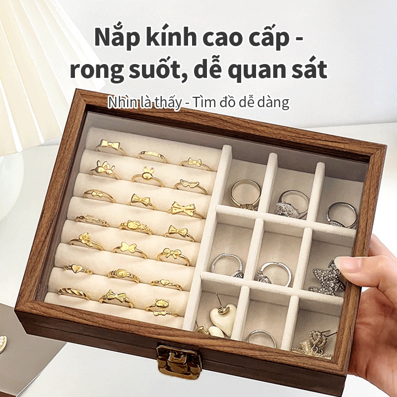 Hộp Trang Sức Gỗ Tự Nhiên ICON - Nắp Kính Trong Suốt, Phân Ô Lưu Trữ, Chống Bụi & Trưng Bày