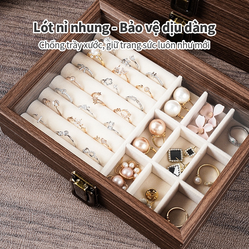 Hộp Trang Sức Gỗ Tự Nhiên ICON - Nắp Kính Trong Suốt, Phân Ô Lưu Trữ, Chống Bụi & Trưng Bày