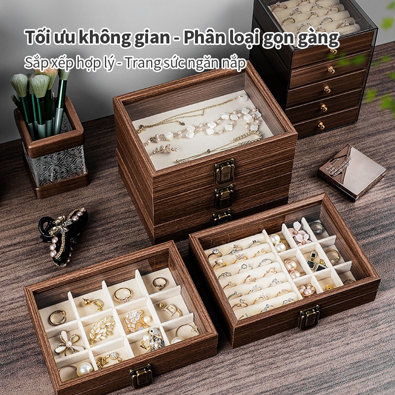 Hộp Trang Sức Gỗ Tự Nhiên ICON - Nắp Kính Trong Suốt, Phân Ô Lưu Trữ, Chống Bụi & Trưng Bày
