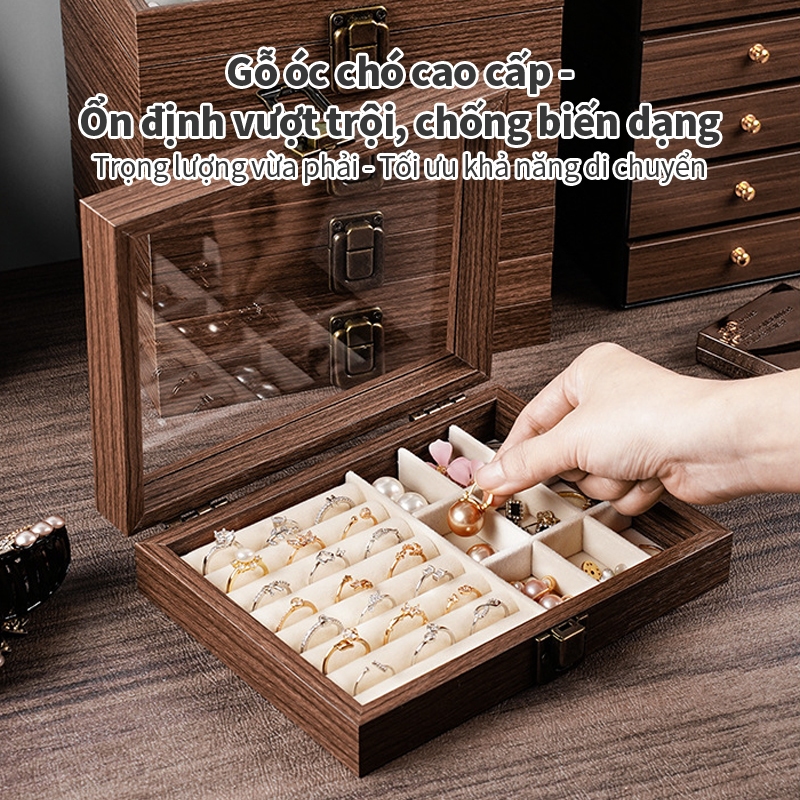 Hộp Trang Sức Gỗ Tự Nhiên ICON - Nắp Kính Trong Suốt, Phân Ô Lưu Trữ, Chống Bụi & Trưng Bày
