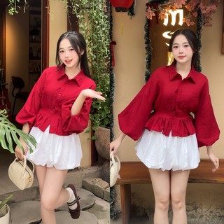 Áo Sơ Mi Bo Eo Lưng Chun Tay Bồng Cúc Dọc Chất Đũi HaChang - A105