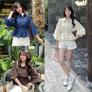 Áo Sơ Mi Bo Eo Lưng Chun Tay Bồng Cúc Dọc Chất Đũi HaChang - A105
