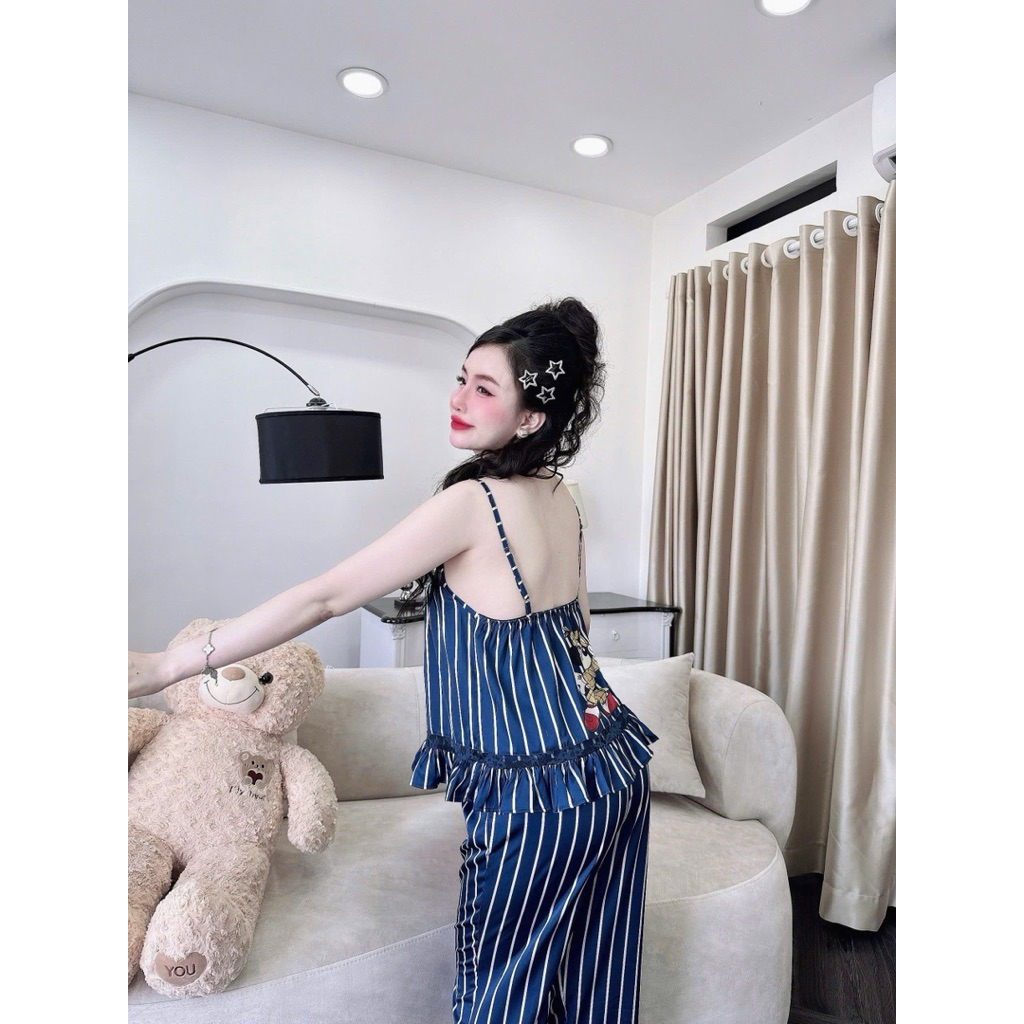 [ Lửng 9 tấc 2 dây phối ren 101225 ]Đồ nữ mặc nhà áo tay ngắn quần dài phối màu trơn sang chảnh mẫu chất lụa latin
