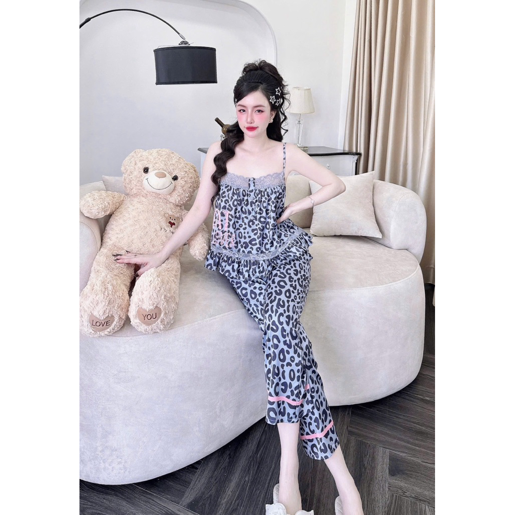 [ Lửng 9 tấc 2 dây phối ren 101225 ]Đồ nữ mặc nhà áo tay ngắn quần dài phối màu trơn sang chảnh mẫu chất lụa latin