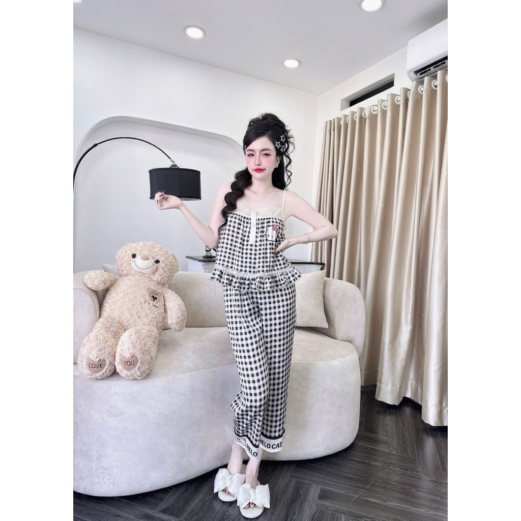 [ Lửng 9 tấc 2 dây phối ren 101225 ]Đồ nữ mặc nhà áo tay ngắn quần dài phối màu trơn sang chảnh mẫu chất lụa latin