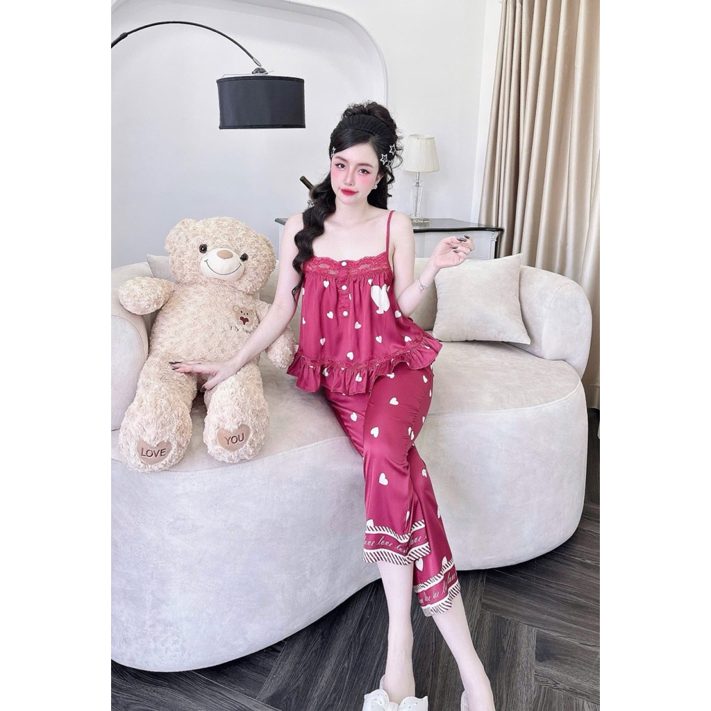[ Lửng 9 tấc 2 dây phối ren 101225 ]Đồ nữ mặc nhà áo tay ngắn quần dài phối màu trơn sang chảnh mẫu chất lụa latin