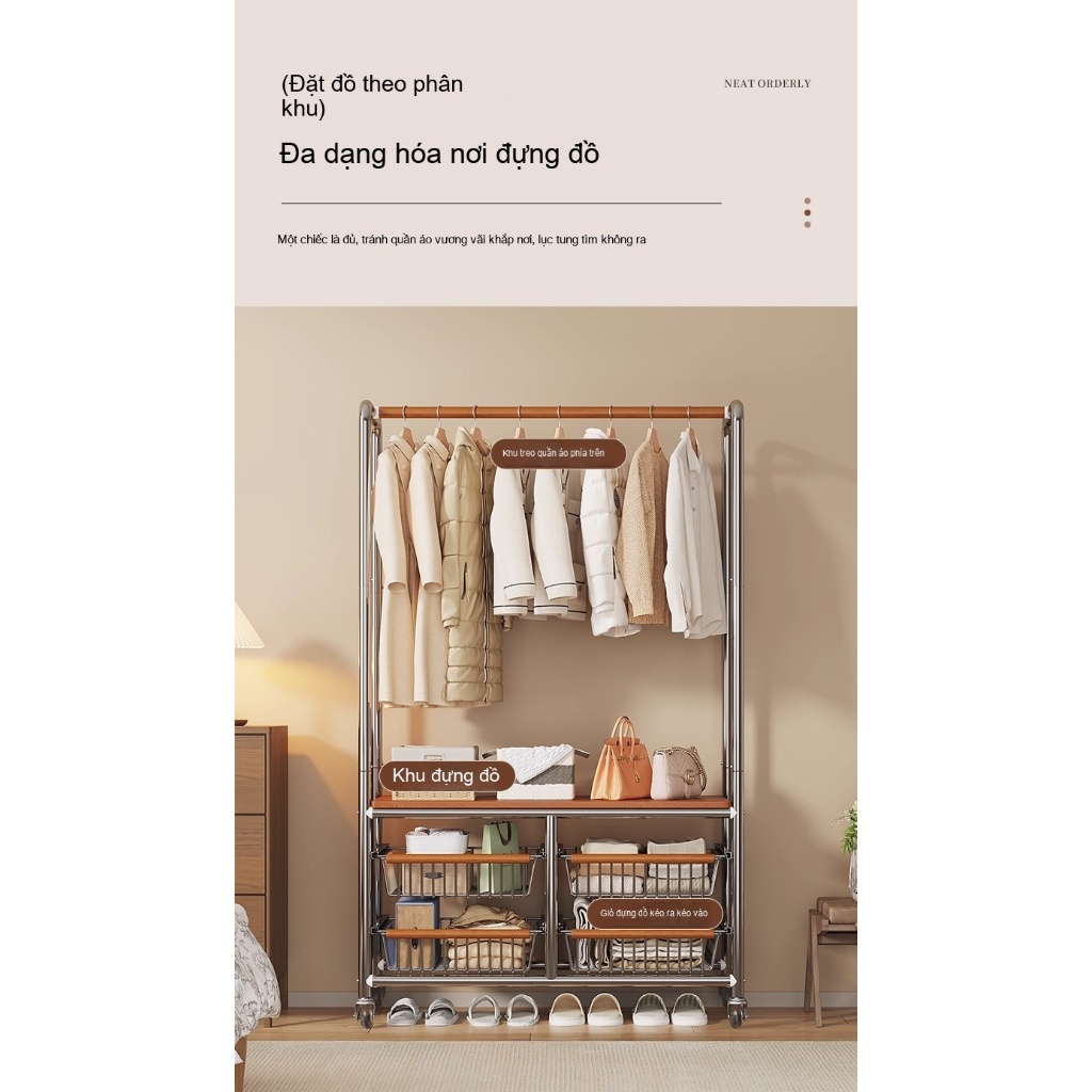 𝐎𝐥𝐢𝐟𝐞Giá Treo Quần Áo Cao Cấp Kệ Treo Quần Áo Có Bánh Xe Móc Treo Quần Áo Phong Cách Cổ Điển Đi Kèm Với Ngăn Kéo Giỏ
