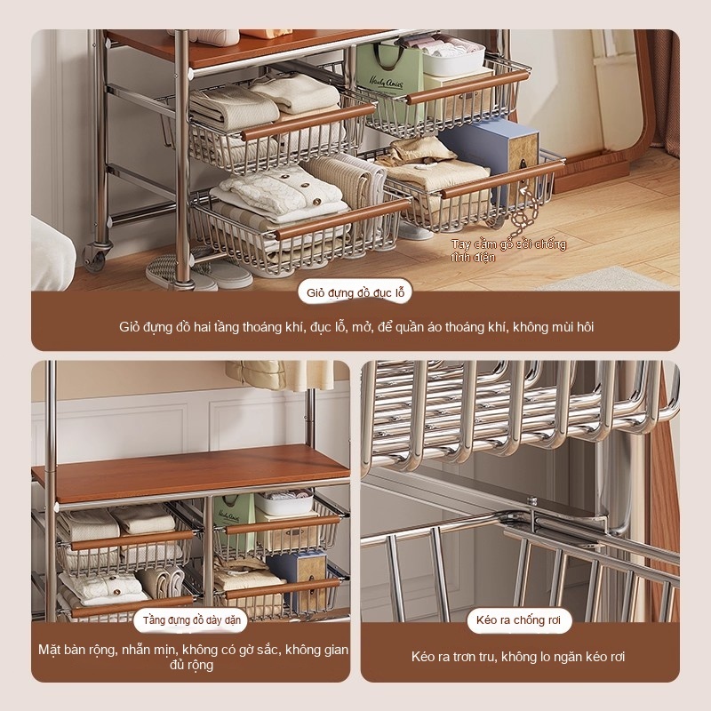 𝐎𝐥𝐢𝐟𝐞Giá Treo Quần Áo Cao Cấp Kệ Treo Quần Áo Có Bánh Xe Móc Treo Quần Áo Phong Cách Cổ Điển Đi Kèm Với Ngăn Kéo Giỏ