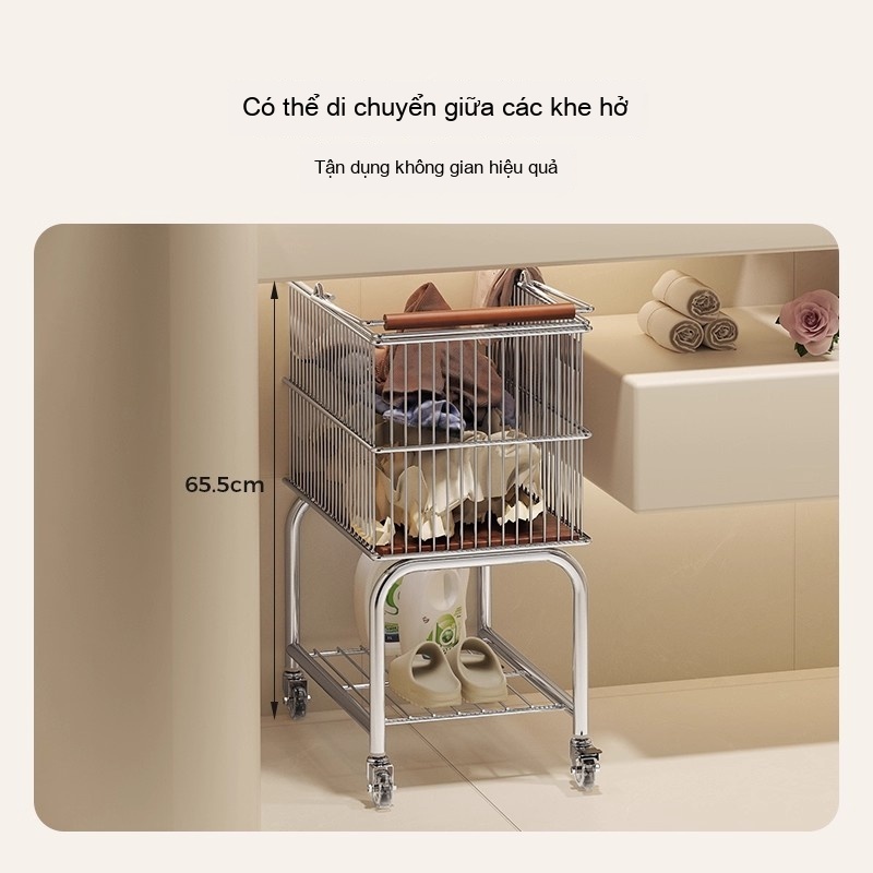 Giỏ Đựng Quần Áo Cổ Điển Xe Đẩy Thẩm Mỹ Giỏ Inox Quần Áo Đa Năng Phòng Tắm Giỏ Đựng Quần Áo 2 Lớp Có Thể Tháo Rời