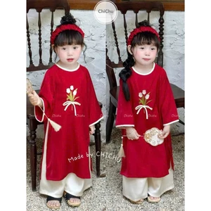 Áo dài lụa thêu hoa tuylip dễ thương cho bé gái, set áo dài bé gái quần xuông basic dễ mặc