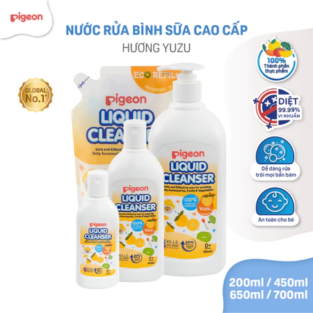 Nước rửa bình sữa cho bé Pigeon thành phần thực phẩm an toàn diệt khuẩn 99.99% chính hãng hương Yuzu