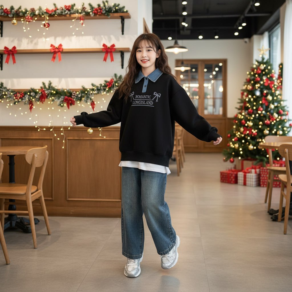 Áo polo nỉ phối cổ ROMANTIC cho bé gái size đại BEESHOP D25096