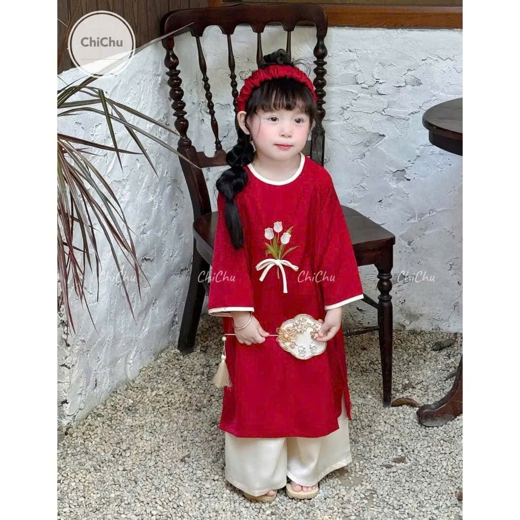 Áo dài lụa thêu hoa tuylip dễ thương cho bé gái, set áo dài bé gái quần xuông basic dễ mặc