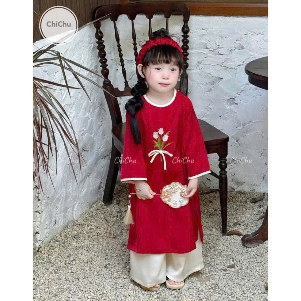 Áo dài lụa thêu hoa tuylip dễ thương cho bé gái, set áo dài bé gái quần xuông basic dễ mặc