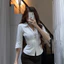 Áo sơ mi trơn tay lỡ cổ bẻ V có đan dây eo sau lưng chất mango dày dặn phong cách sexy thanh lịch GU STORE