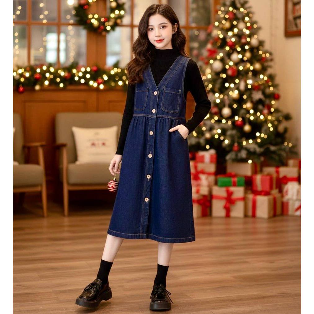 Yếm váy jeans cổ tim cho bé gái size đại BEESHOP KM0008