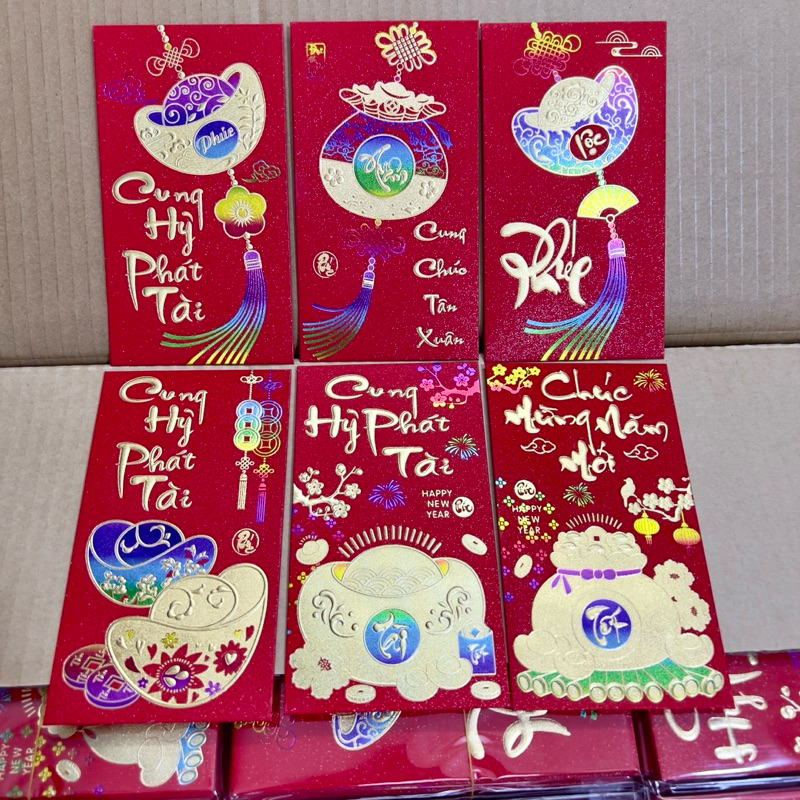 Sét 6 Bao Lì Xì Ngũ Sắc Giấy Siêu Đẹp Loại To 6 Bao lì xì tết Chữ Nổi Mạ Vàng Xuân Bính Ngọ 2026-PUPU HOUSE