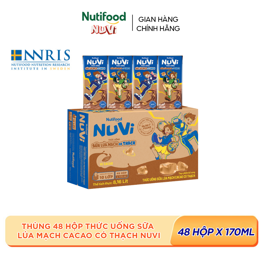 [KOL] Thùng 48 Hộp Thức Uống Sữa Lúa Mạch Cacao Có Thạch NuVi 170ml