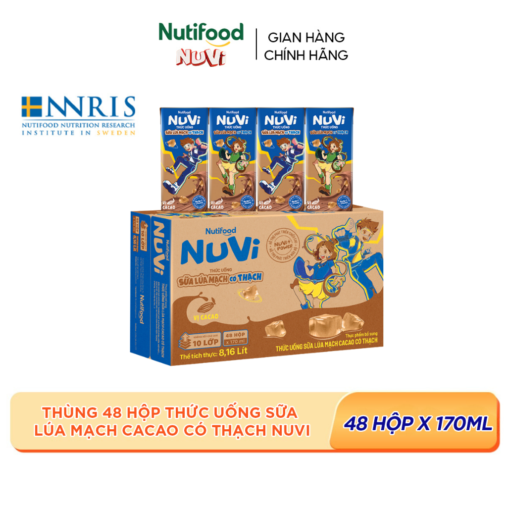 [KOL] Thùng 48 Hộp Thức Uống Sữa Lúa Mạch Cacao Có Thạch NuVi 170ml