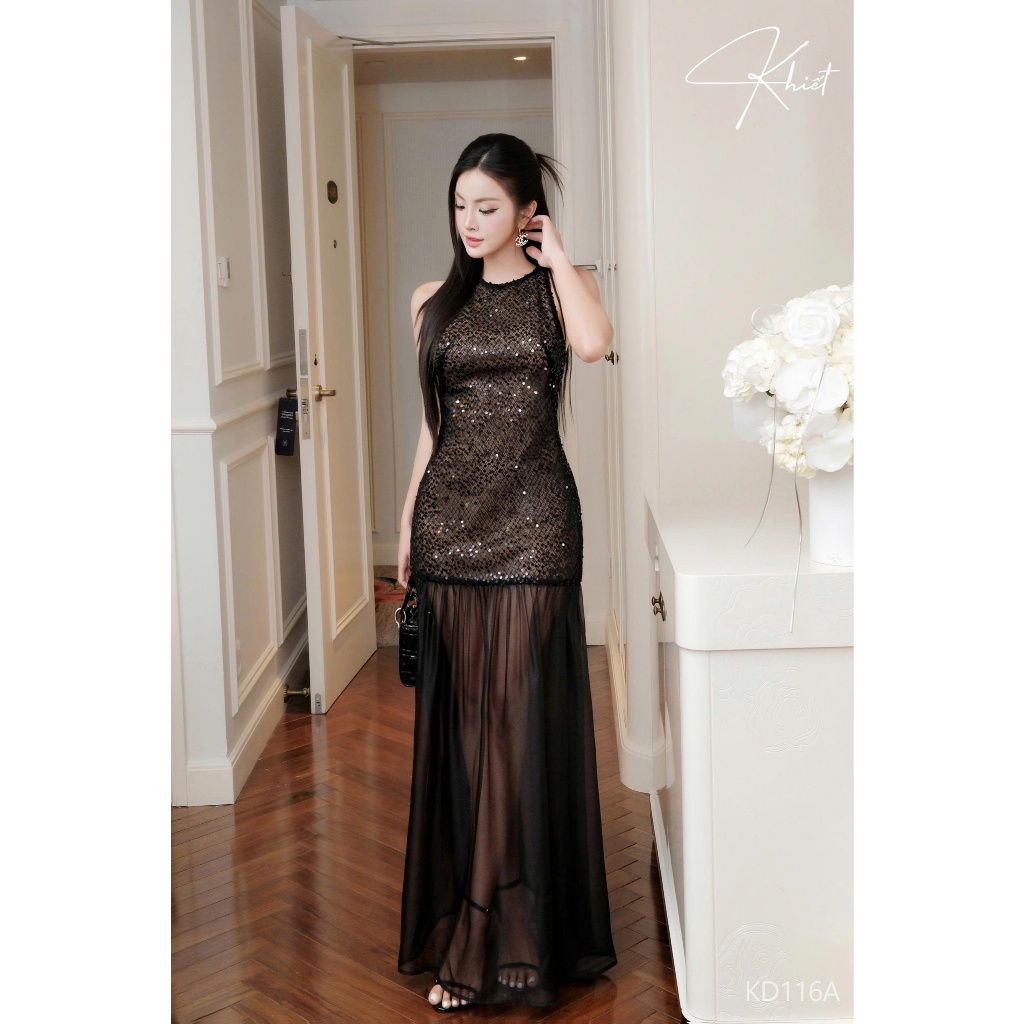 Đầm dài KHIẾT chất ren đính kim sa lấp lánh phối lụa tằm màu đen thướt tha, phong cách tiệc tùng KD116A