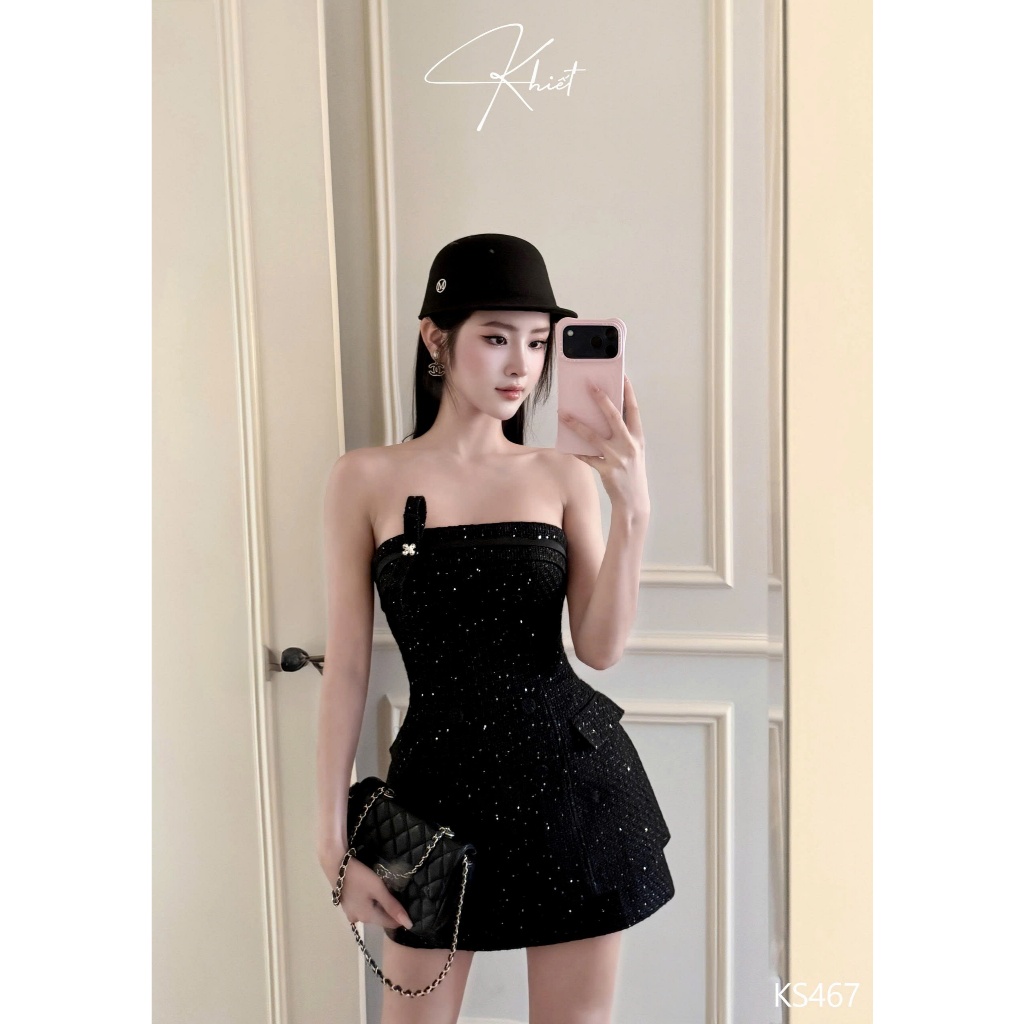 Set áo quây dạ tweed kim sa lấp lánh đính nơ hoa đá phối chân váy chữ A ngắn phong cách sang chảnh Khiết KS467
