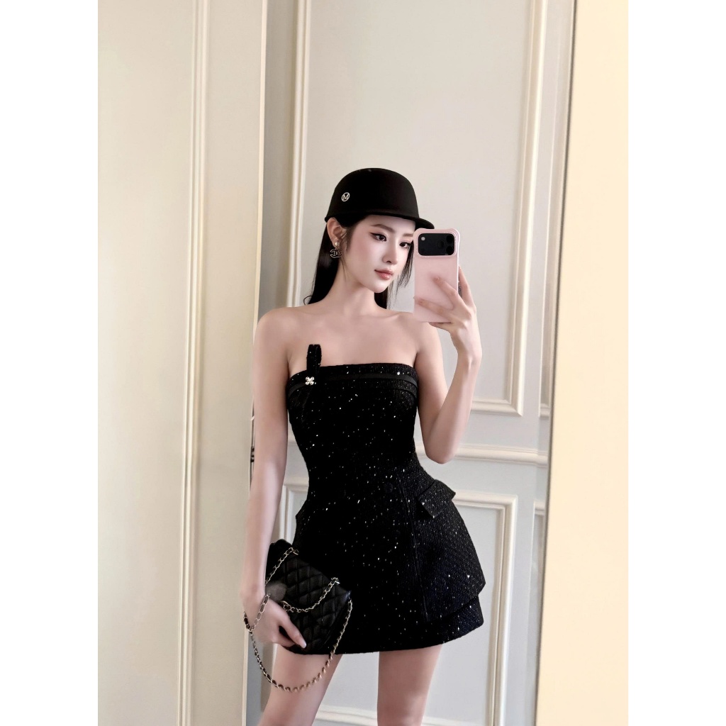 Set áo quây dạ tweed kim sa lấp lánh đính nơ hoa đá phối chân váy chữ A ngắn phong cách sang chảnh Khiết KS467