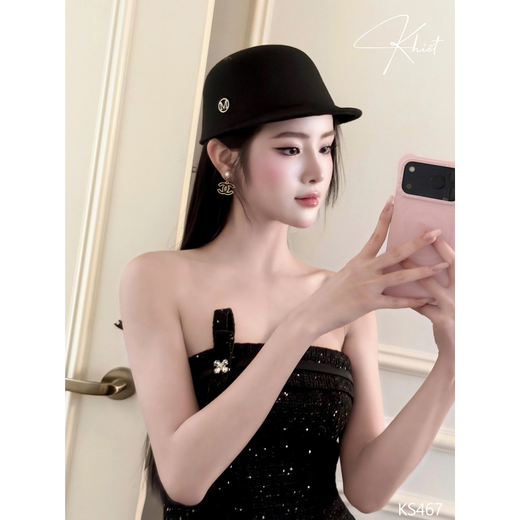 Set áo quây dạ tweed kim sa lấp lánh đính nơ hoa đá phối chân váy chữ A ngắn phong cách sang chảnh Khiết KS467