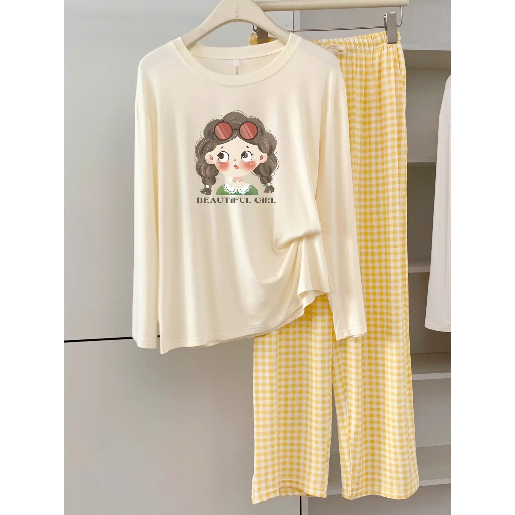 Sét Bộ mặc nhà Quần dài và Áo dài tay in hình JULY FASHION, Đồ Bộ mặc ngủ mùa đông 2025