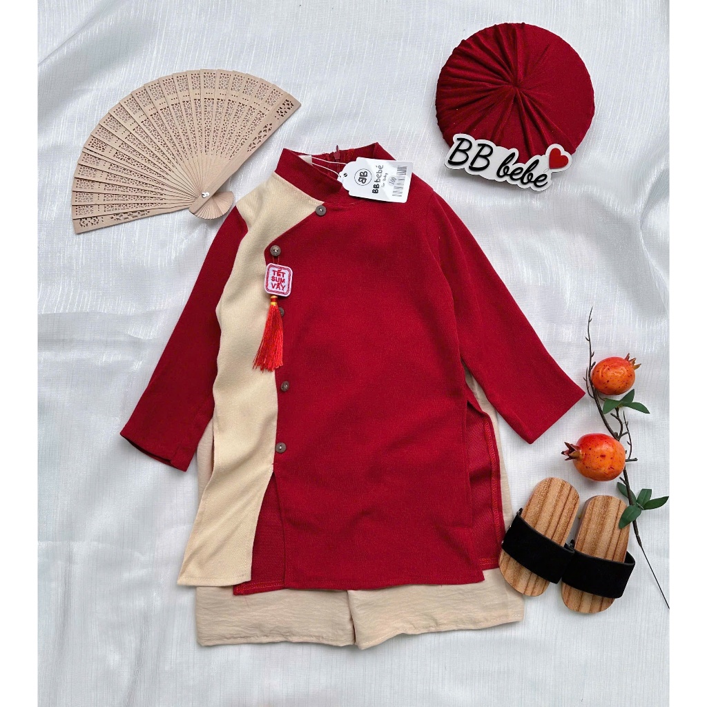 Áo dài nhung bé trai tết sum vầy bé trai, set áo dài nhung phối quần đũi tông màu đỏ cho bé diện tết (không kèm mấn)