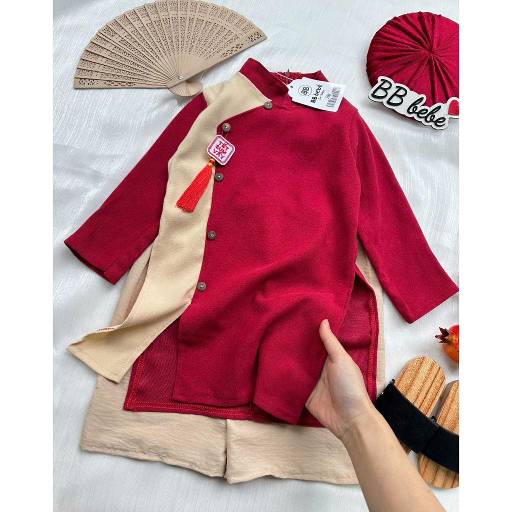 Áo dài nhung bé trai tết sum vầy bé trai, set áo dài nhung phối quần đũi tông màu đỏ cho bé diện tết (không kèm mấn)