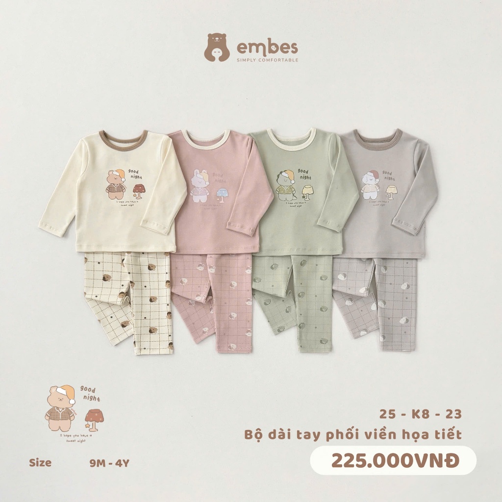 Bộ Dài Tay Cho Bé Embes, Đồ Bộ Dài Tay In Họa Tiết Chất Cotton Mềm Cho Bé Trai Bé Gái Size Từ 8-18Kg