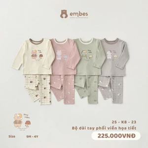 Bộ Dài Tay Cho Bé Embes, Đồ Bộ Dài Tay In Họa Tiết Chất Cotton Mềm Cho Bé Trai Bé Gái Size Từ 8-18Kg