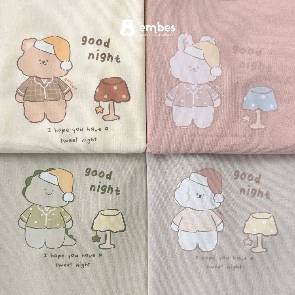 Bộ Dài Tay Cho Bé Embes, Đồ Bộ Dài Tay In Họa Tiết Chất Cotton Mềm Cho Bé Trai Bé Gái Size Từ 8-18Kg
