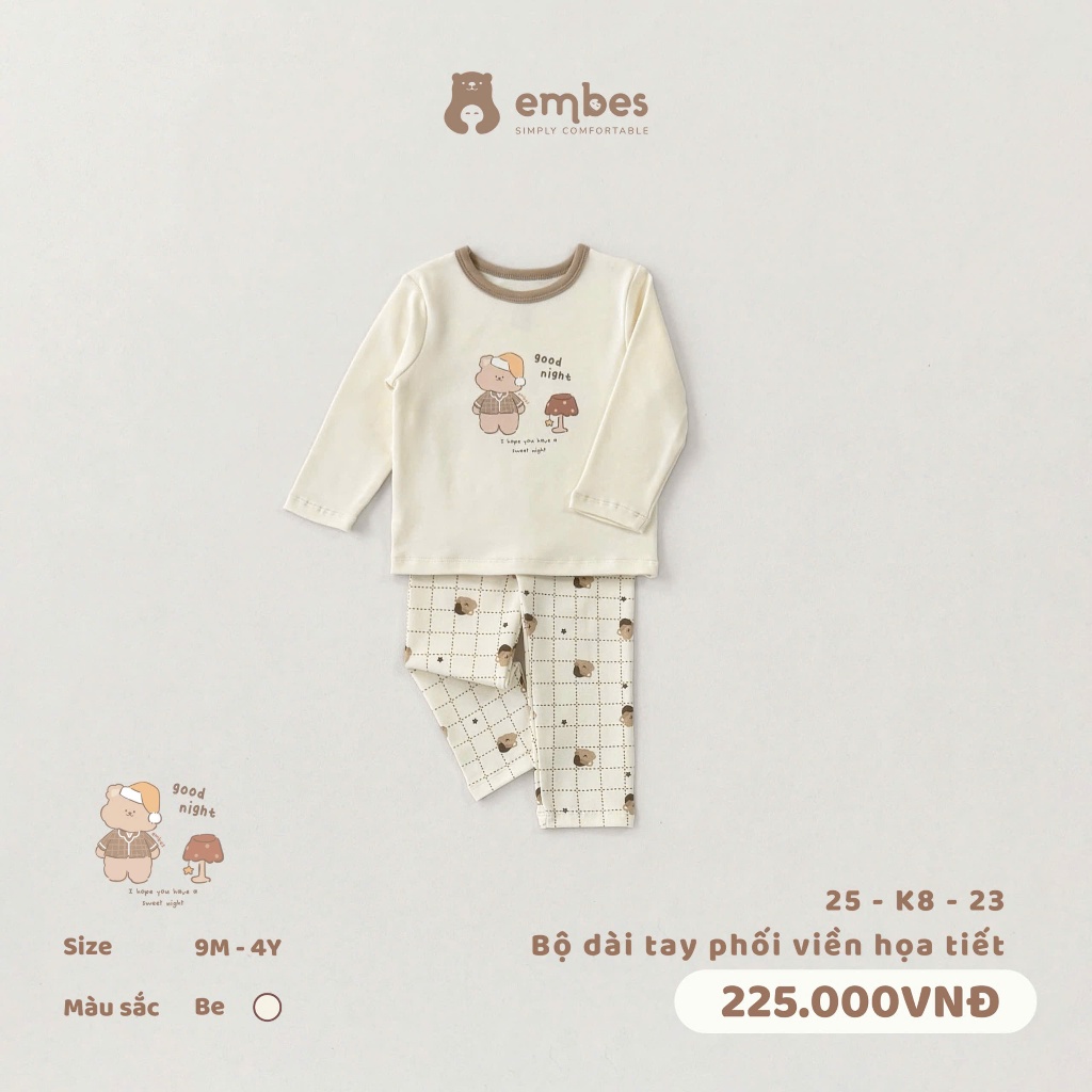 Bộ Dài Tay Cho Bé Embes, Đồ Bộ Dài Tay In Họa Tiết Chất Cotton Mềm Cho Bé Trai Bé Gái Size Từ 8-18Kg