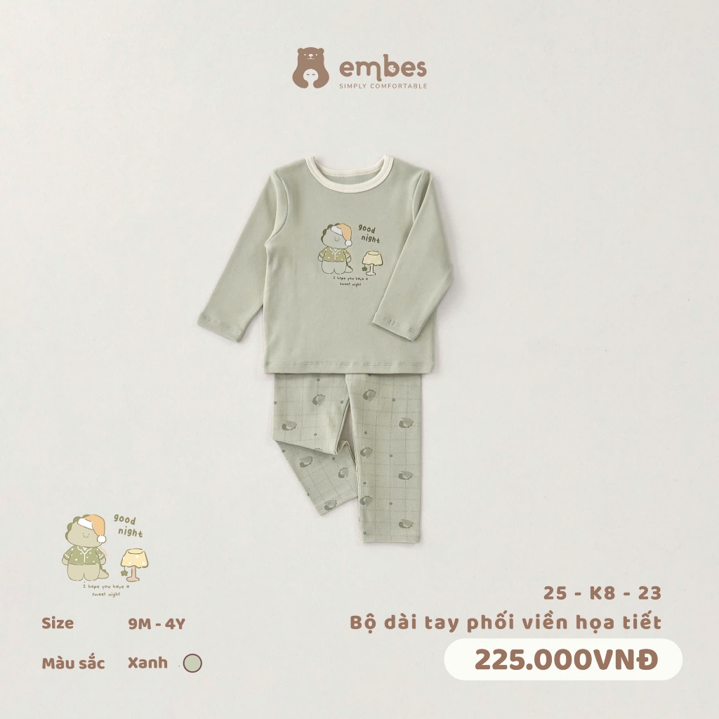 Bộ Dài Tay Cho Bé Embes, Đồ Bộ Dài Tay In Họa Tiết Chất Cotton Mềm Cho Bé Trai Bé Gái Size Từ 8-18Kg