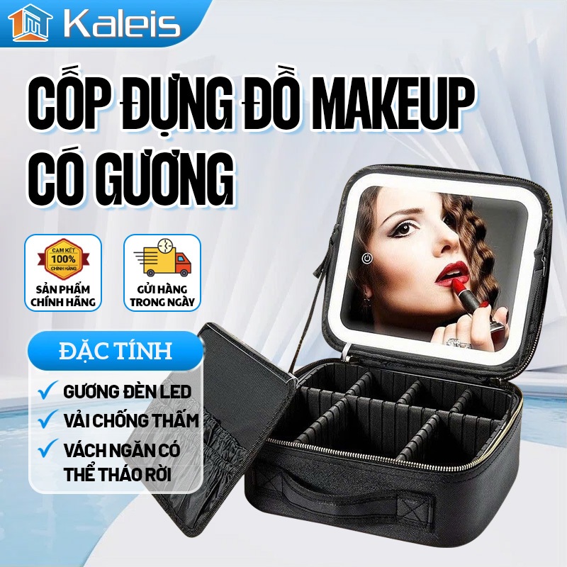 Kaleis Túi Trang Điểm Có Đèn LED & Gương – Chống Nước, Dung Tích Lớn, Thiết Kế Ngăn Thông Minh
