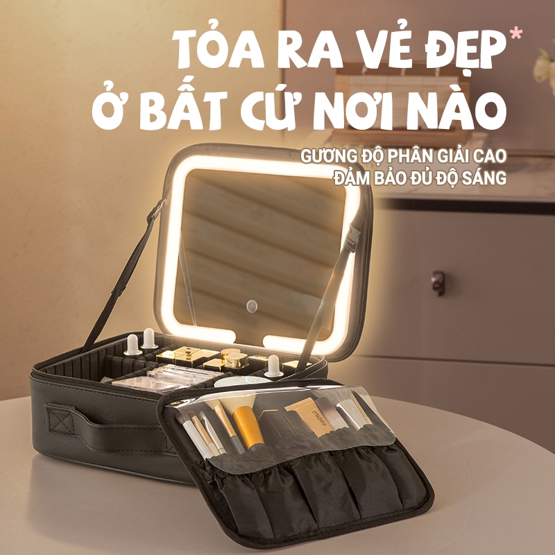 Kaleis Túi Trang Điểm Có Đèn LED & Gương – Chống Nước, Dung Tích Lớn, Thiết Kế Ngăn Thông Minh
