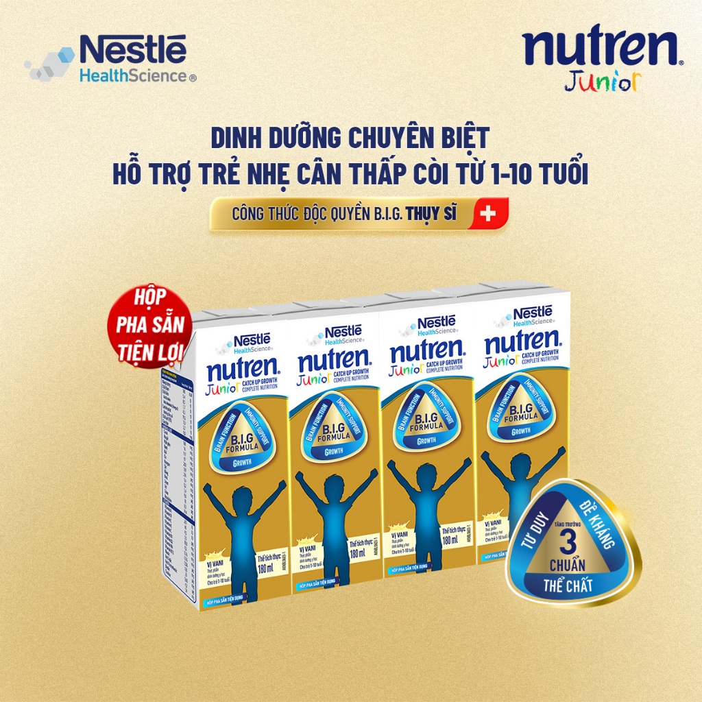 Lốc 4 Hộp Sữa Pha Sẵn NESTLÉ NUTREN JUNIOR Thụy Sĩ Công Thức BIG Tăng Trưởng 180ML