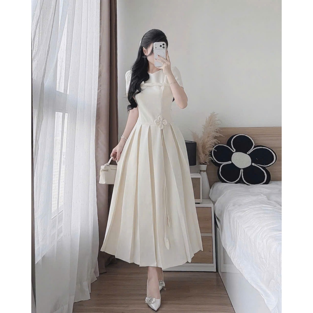 Đầm dài xước Hàn dập hoa nổi dáng công chúa sang trọng, thiết kế phối hoa eo thanh lịch – cực tôn dáng