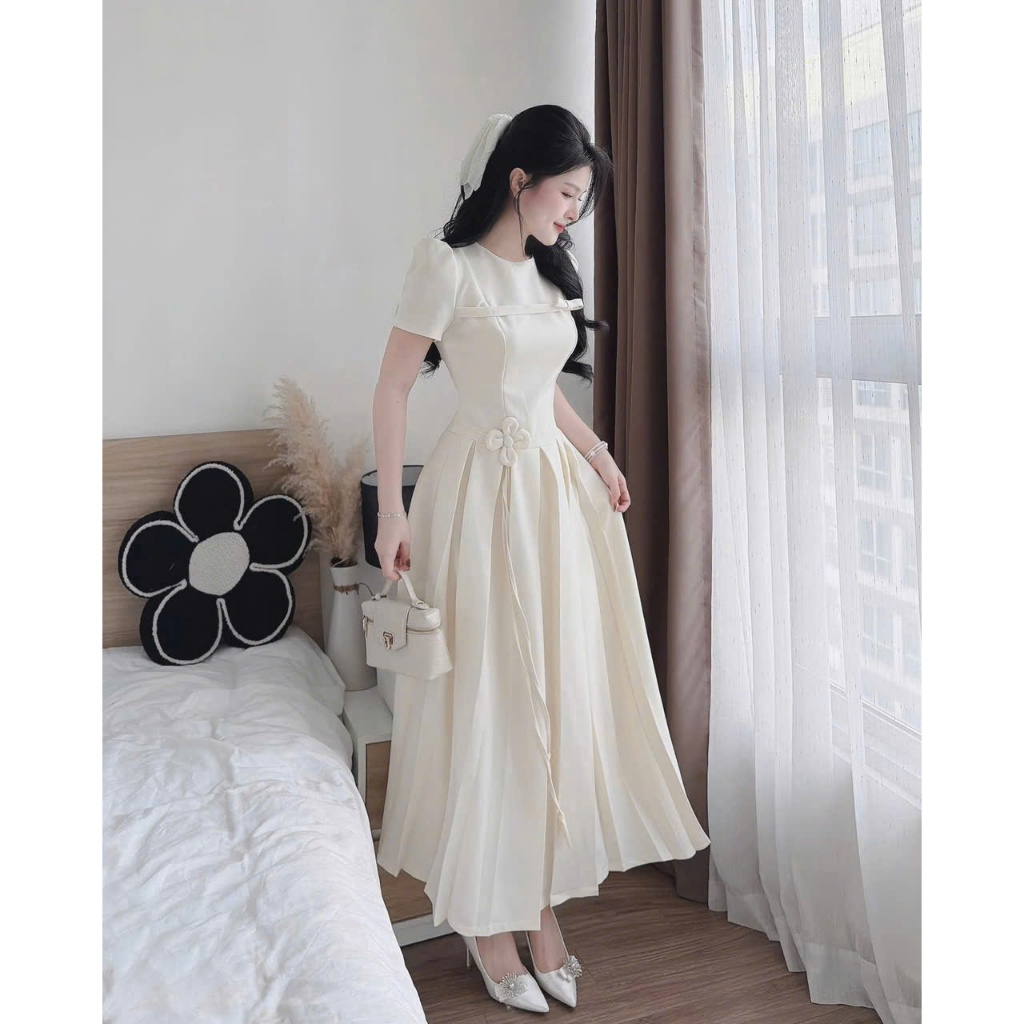 Đầm dài xước Hàn dập hoa nổi dáng công chúa sang trọng, thiết kế phối hoa eo thanh lịch – cực tôn dáng