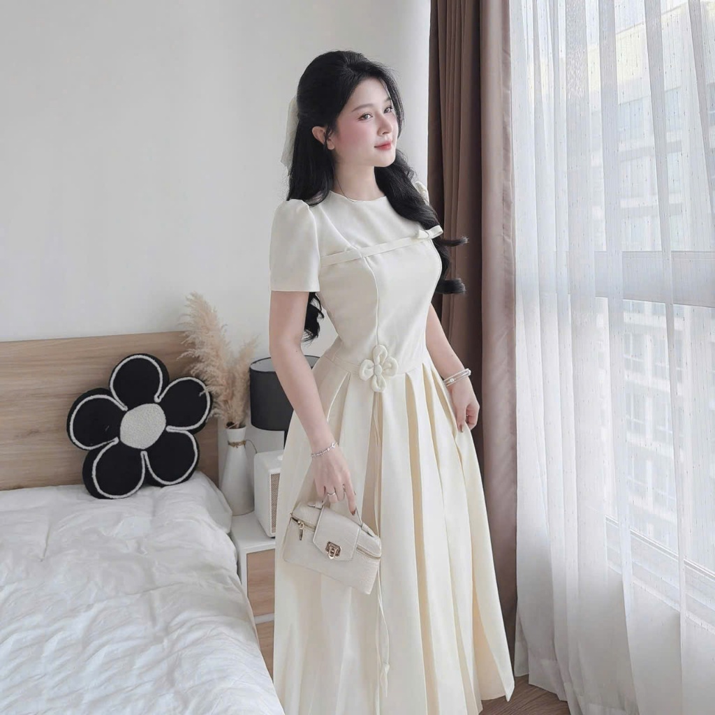 Đầm dài xước Hàn dập hoa nổi dáng công chúa sang trọng, thiết kế phối hoa eo thanh lịch – cực tôn dáng