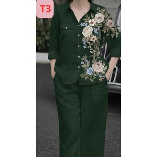 Set Sơ Mi Thô Đũi Trung Niên Dài Tay In Hoa Sang Trọng – Chất Liệu Mềm Mát, Form Thanh Lịch - Anh Thư Shop (AT02)