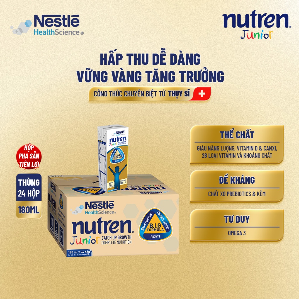 Bộ 2 Thùng 24 Hộp Sữa Pha Sẵn NESTLÉ NUTREN JUNIOR Thụy Sĩ Công Thức BIG Tăng Trưởng 180ML