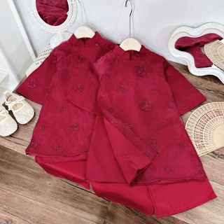 Áo dài cặp đôi cho mẹ và bé hoạ tiết hoa đỏ, áo dài cho bé gái 4 tà chất tơ lụa sz 10-35kg